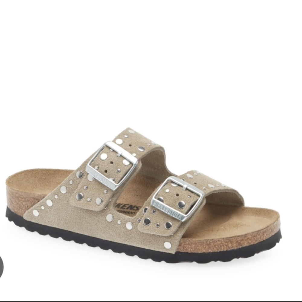 Beige Studded Double-Buckle Sandals for Women
